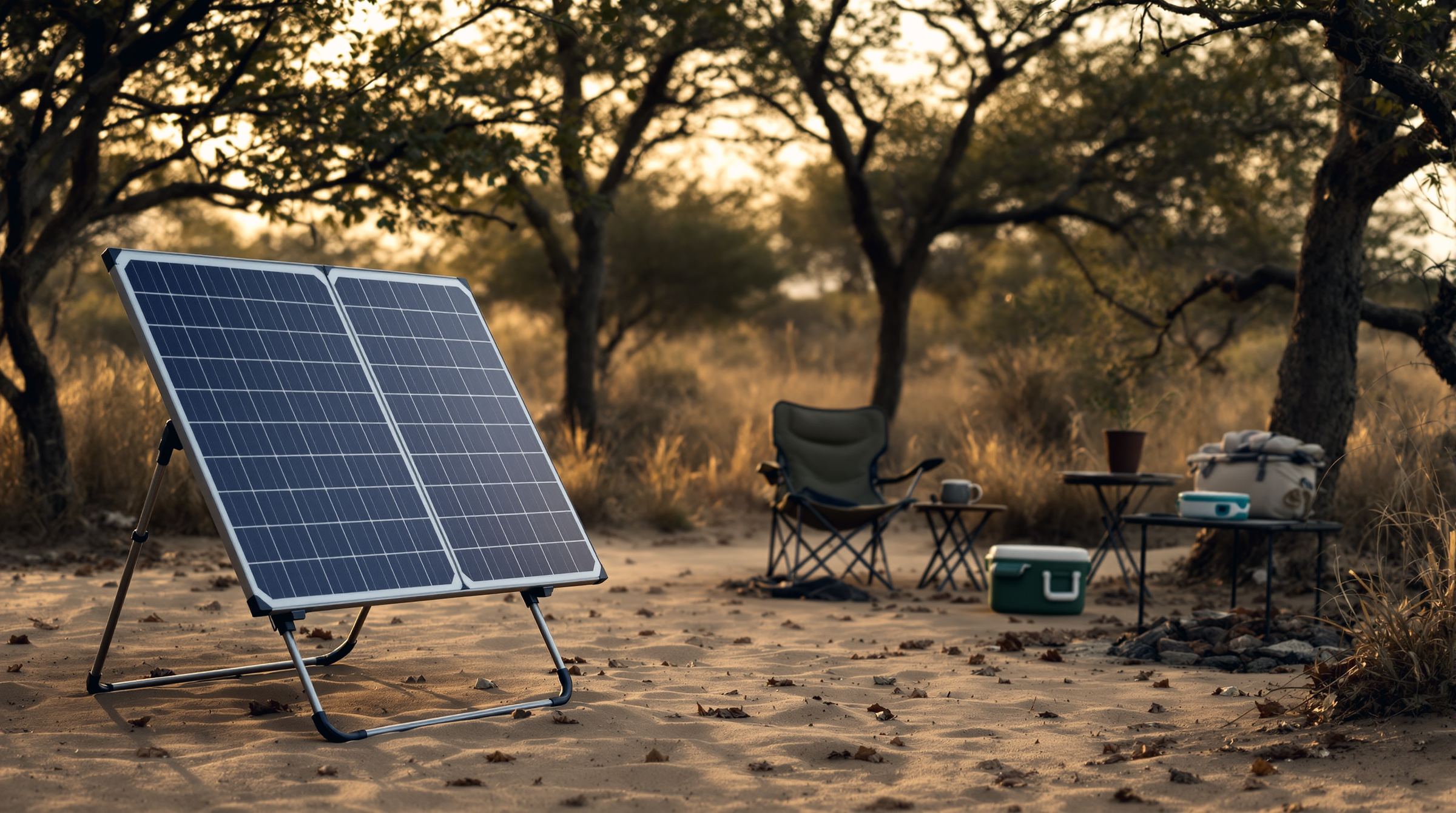 A portable folding solar panel set up on sandy ground at a bush camp, with a camp chair, table and cooler box behind it.