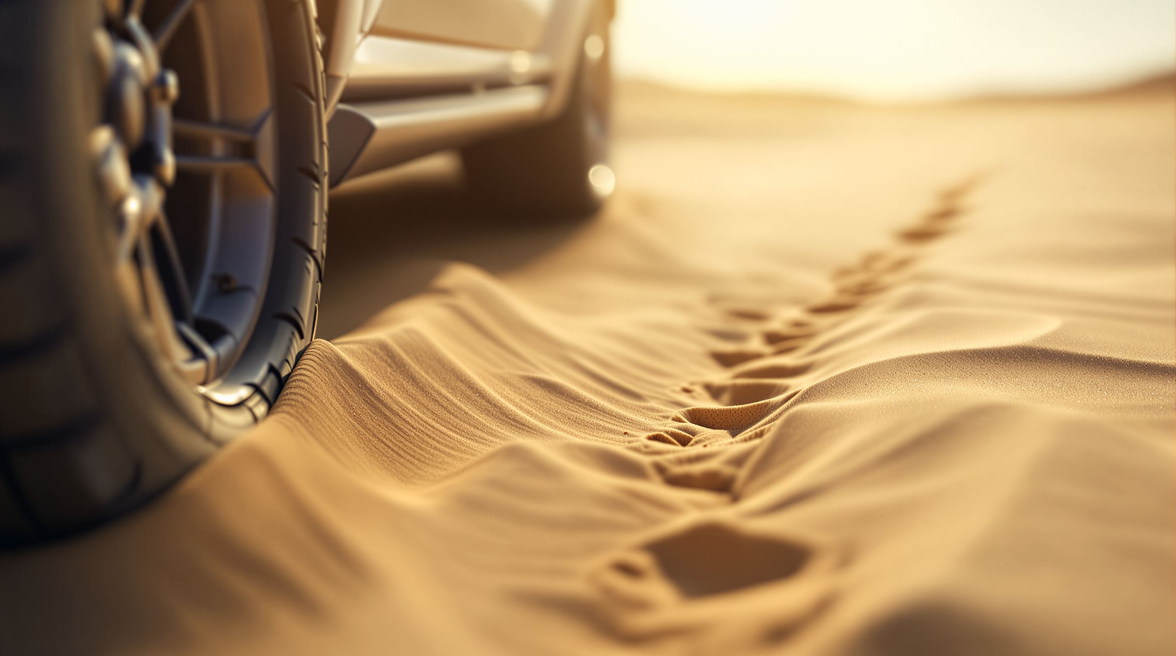 A 4x4 wheel at the edge of soft sand, with a vehicle track running away across the dune.